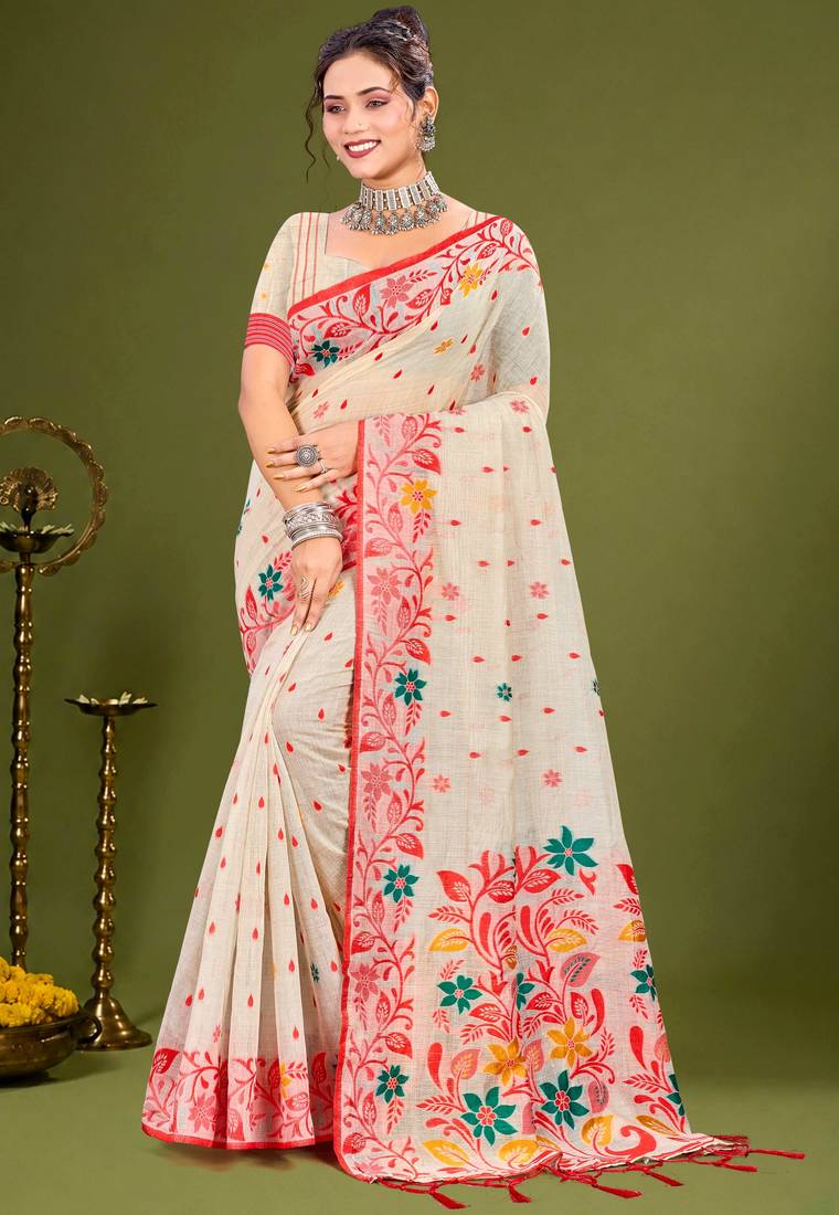 Sangam prints red cotton blend woven work traditional saree