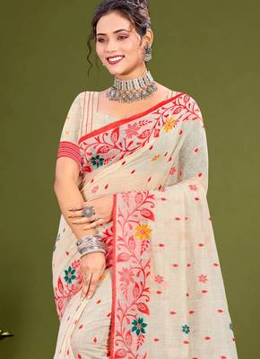 Sangam prints red cotton blend woven work traditional saree 2