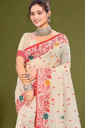 Sangam prints red cotton blend woven work traditional saree