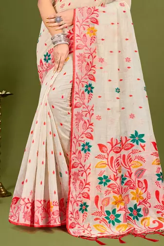 Sangam prints red cotton blend woven work traditional saree