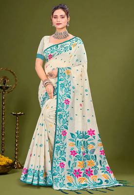 Sangam prints sky blue cotton blend woven work traditional saree 1