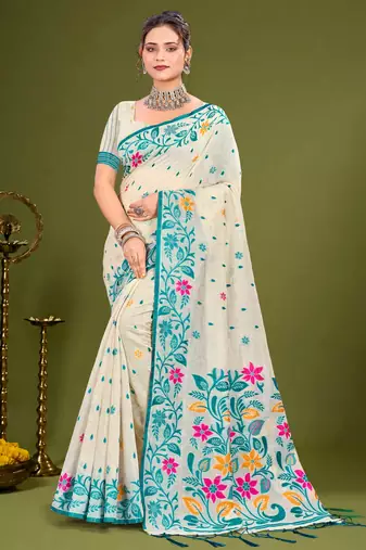 Sangam prints sky blue cotton blend woven work traditional saree