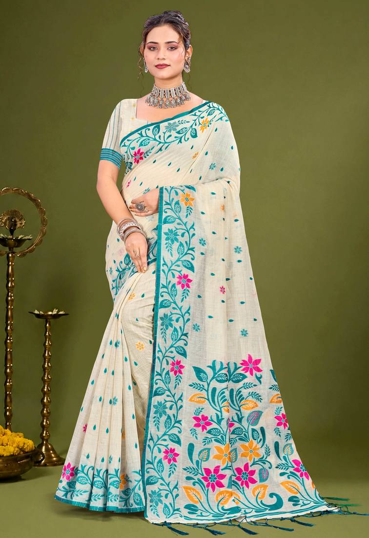 Sangam prints sky blue cotton blend woven work traditional saree