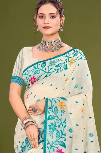 Sangam prints sky blue cotton blend woven work traditional saree