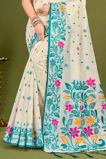 Sangam prints sky blue cotton blend woven work traditional saree
