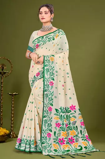 Sangam prints green cotton blend woven work traditional saree