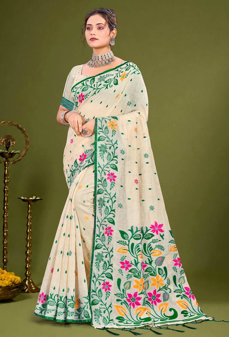 Sangam prints green cotton blend woven work traditional saree