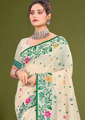 Sangam prints green cotton blend woven work traditional saree 2