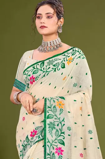 Sangam prints green cotton blend woven work traditional saree