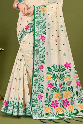 Sangam prints green cotton blend woven work traditional saree 3
