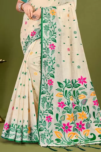 Sangam prints green cotton blend woven work traditional saree