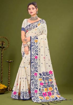 Sangam prints navy blue cotton blend woven work traditional saree 1