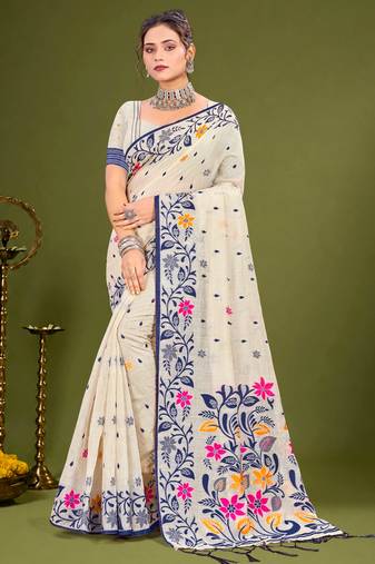 Sangam prints navy blue cotton blend woven work traditional saree