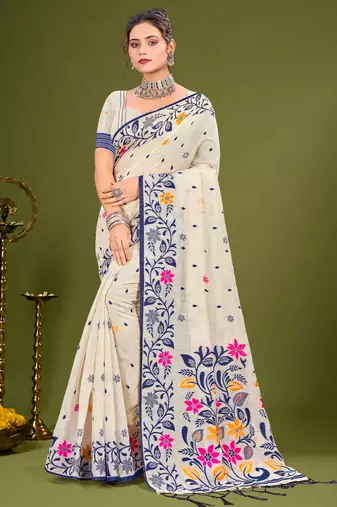 Sangam prints navy blue cotton blend woven work traditional saree