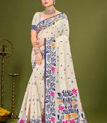 Sangam prints navy blue cotton blend woven work traditional saree