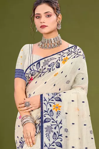 Sangam prints navy blue cotton blend woven work traditional saree