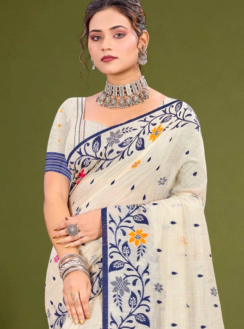 Sangam prints navy blue cotton blend woven work traditional saree