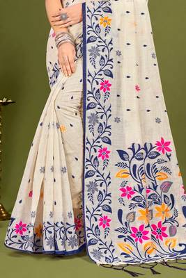 Sangam prints navy blue cotton blend woven work traditional saree 3
