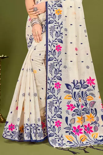 Sangam prints navy blue cotton blend woven work traditional saree