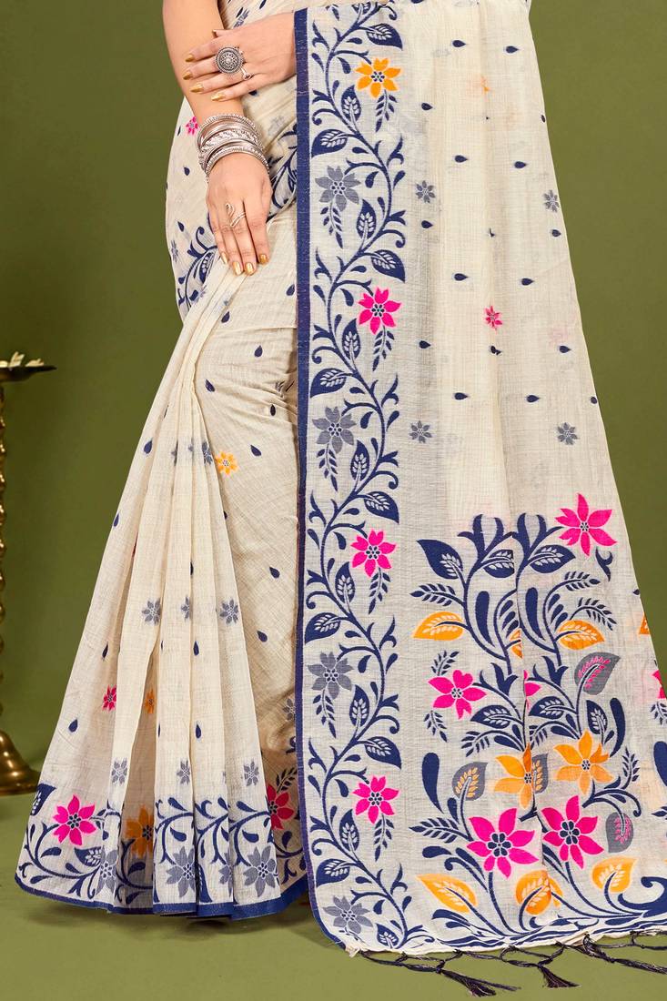 Sangam prints navy blue cotton blend woven work traditional saree