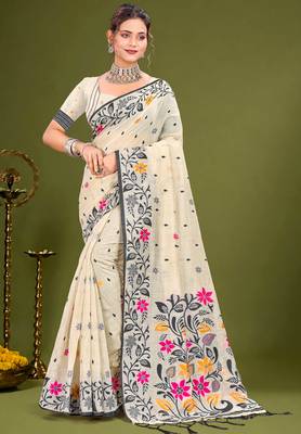 Sangam prints grey cotton blend woven work traditional saree 1