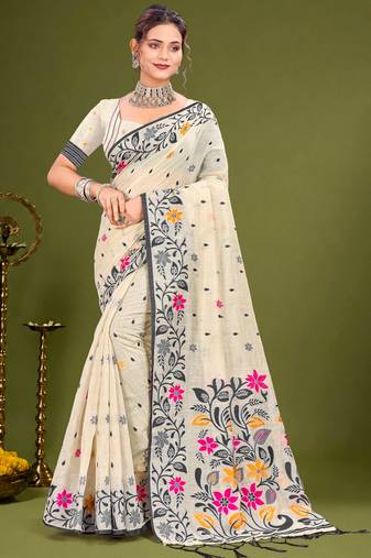 Sangam prints grey cotton blend woven work traditional saree