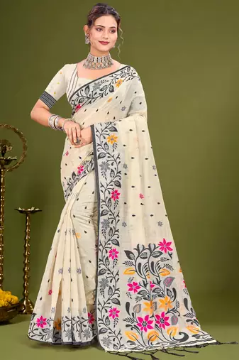 Sangam prints grey cotton blend woven work traditional saree
