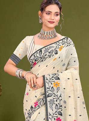 Sangam prints grey cotton blend woven work traditional saree 2