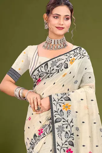 Sangam prints grey cotton blend woven work traditional saree