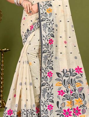 Sangam prints grey cotton blend woven work traditional saree 3