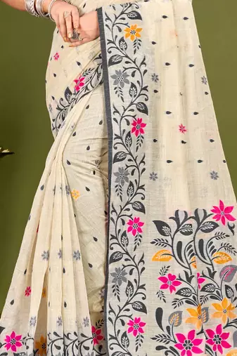 Sangam prints grey cotton blend woven work traditional saree