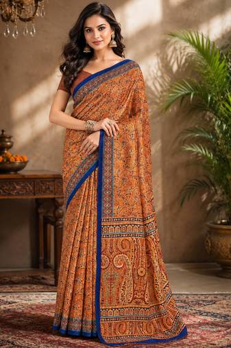 sangam prints rust orange pashmina silk blend woven work traditional saree