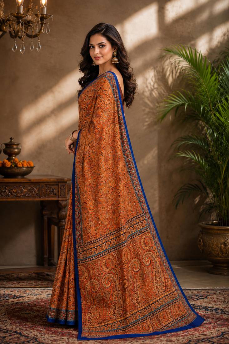 sangam prints rust orange pashmina silk blend woven work traditional saree