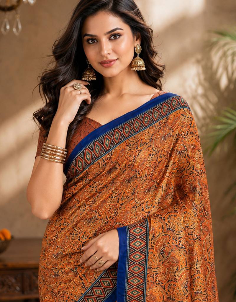 sangam prints rust orange pashmina silk blend woven work traditional saree