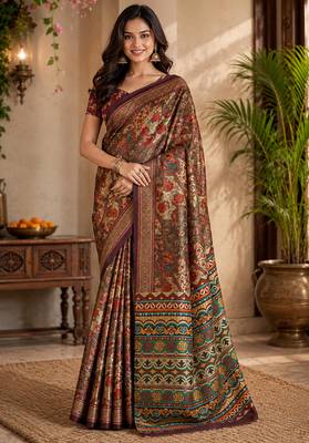 sangam prints rust brown pashmina silk blend woven work traditional saree 1