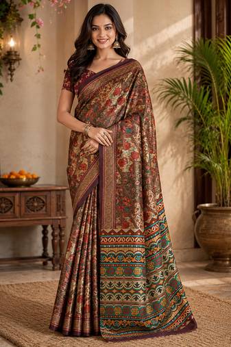 sangam prints rust brown pashmina silk blend woven work traditional saree