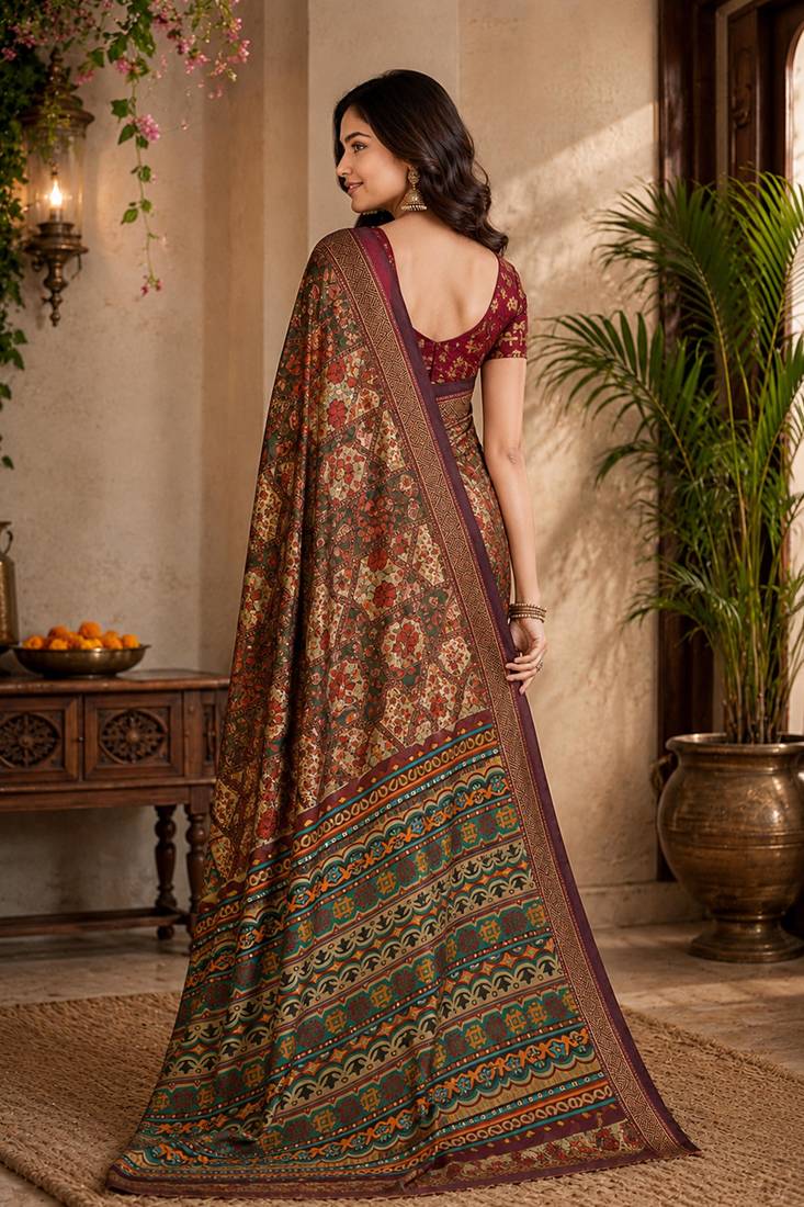sangam prints rust brown pashmina silk blend woven work traditional saree