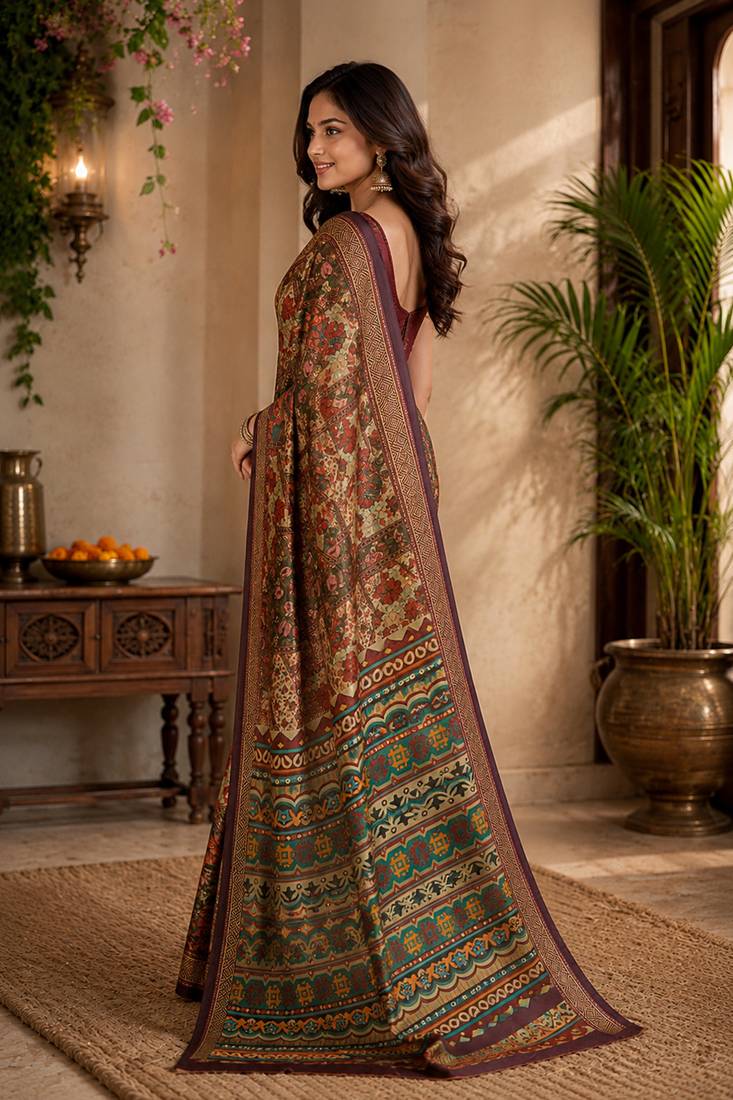 sangam prints rust brown pashmina silk blend woven work traditional saree