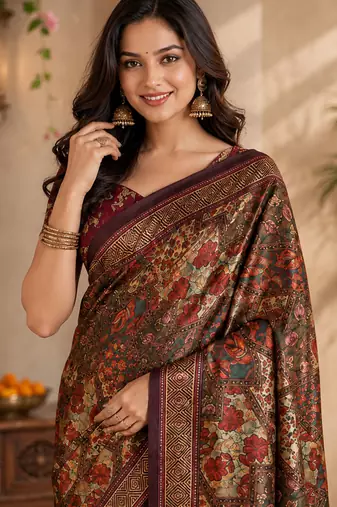 sangam prints rust brown pashmina silk blend woven work traditional saree