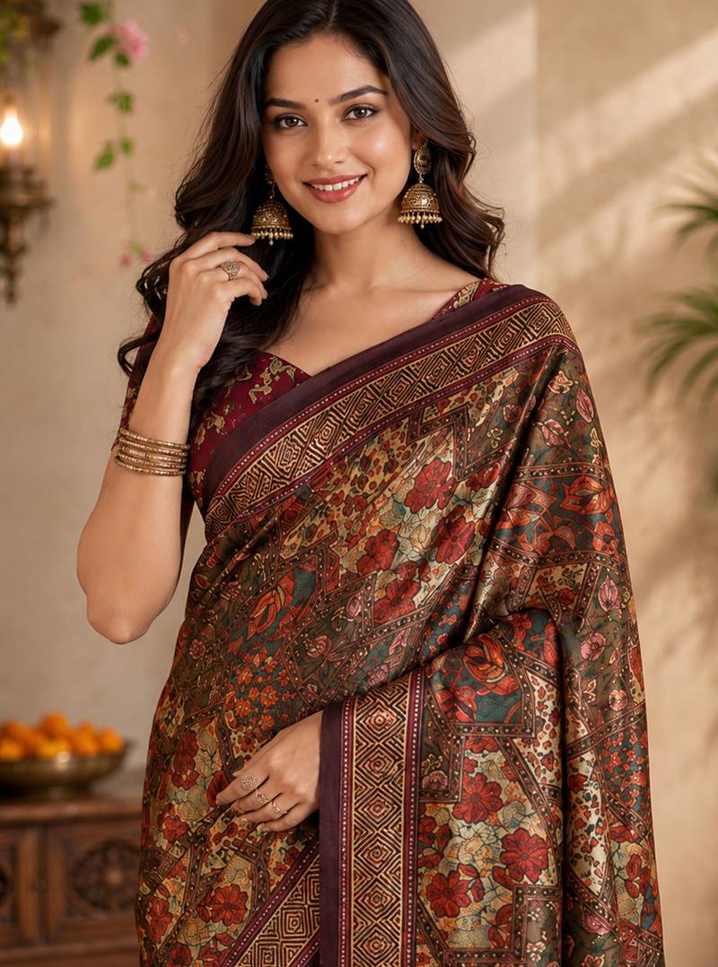 sangam prints rust brown pashmina silk blend woven work traditional saree