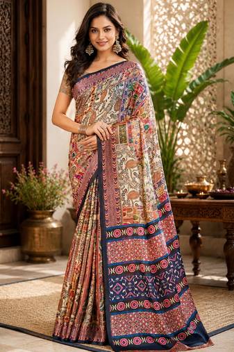 sangam prints cream multicolor pashmina silk blend woven work traditional saree