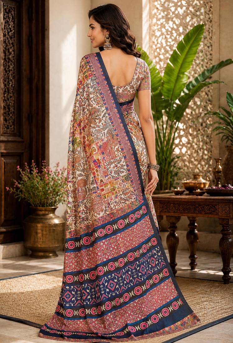 sangam prints cream multicolor pashmina silk blend woven work traditional saree