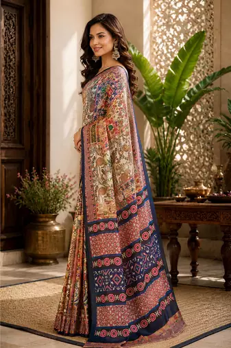 sangam prints cream multicolor pashmina silk blend woven work traditional saree
