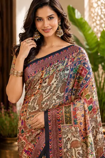 sangam prints cream multicolor pashmina silk blend woven work traditional saree