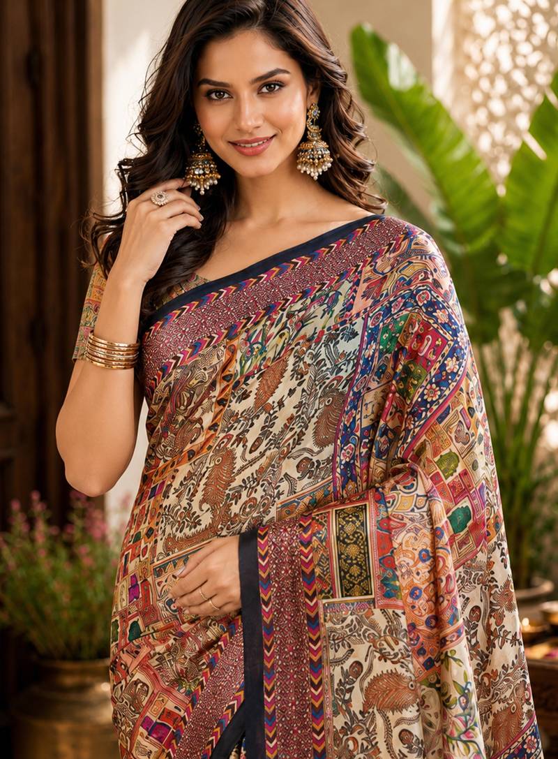 sangam prints cream multicolor pashmina silk blend woven work traditional saree