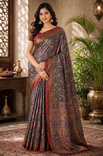sangam prints navy blue pashmina silk blend woven work traditional saree