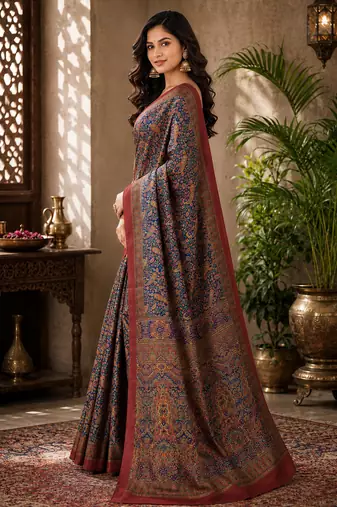 sangam prints navy blue pashmina silk blend woven work traditional saree