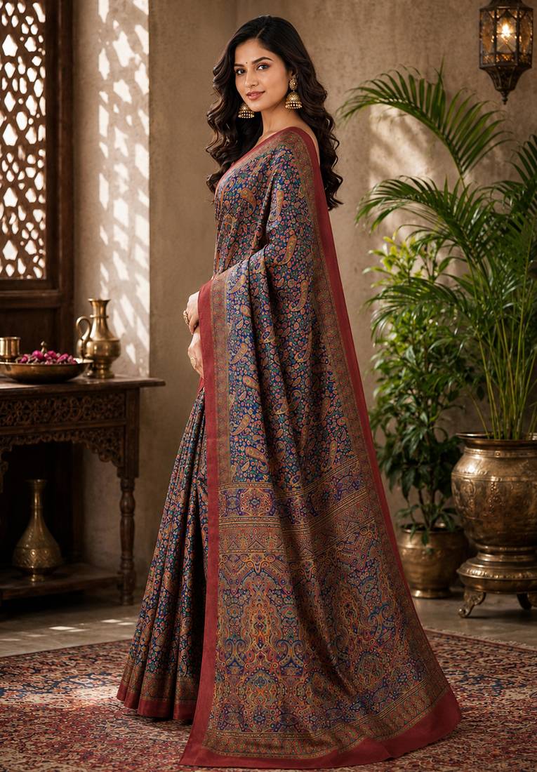 sangam prints navy blue pashmina silk blend woven work traditional saree