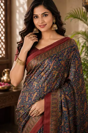 sangam prints navy blue pashmina silk blend woven work traditional saree