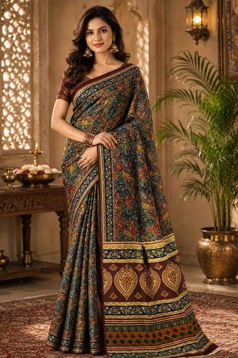 sangam prints bottle green pashmina silk blend woven work traditional saree